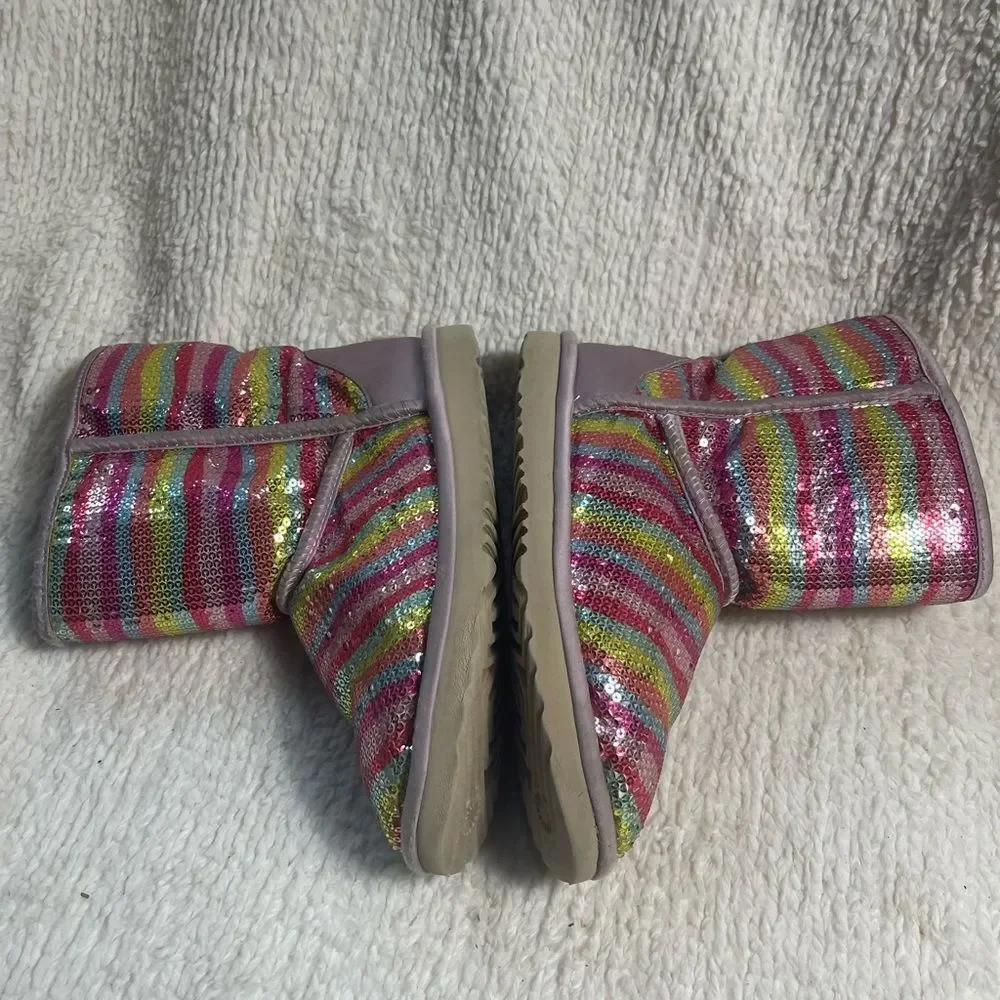 UGG sparkle Sequins Rainbow kids Boots leather blush pink trims  fur lining SZ6